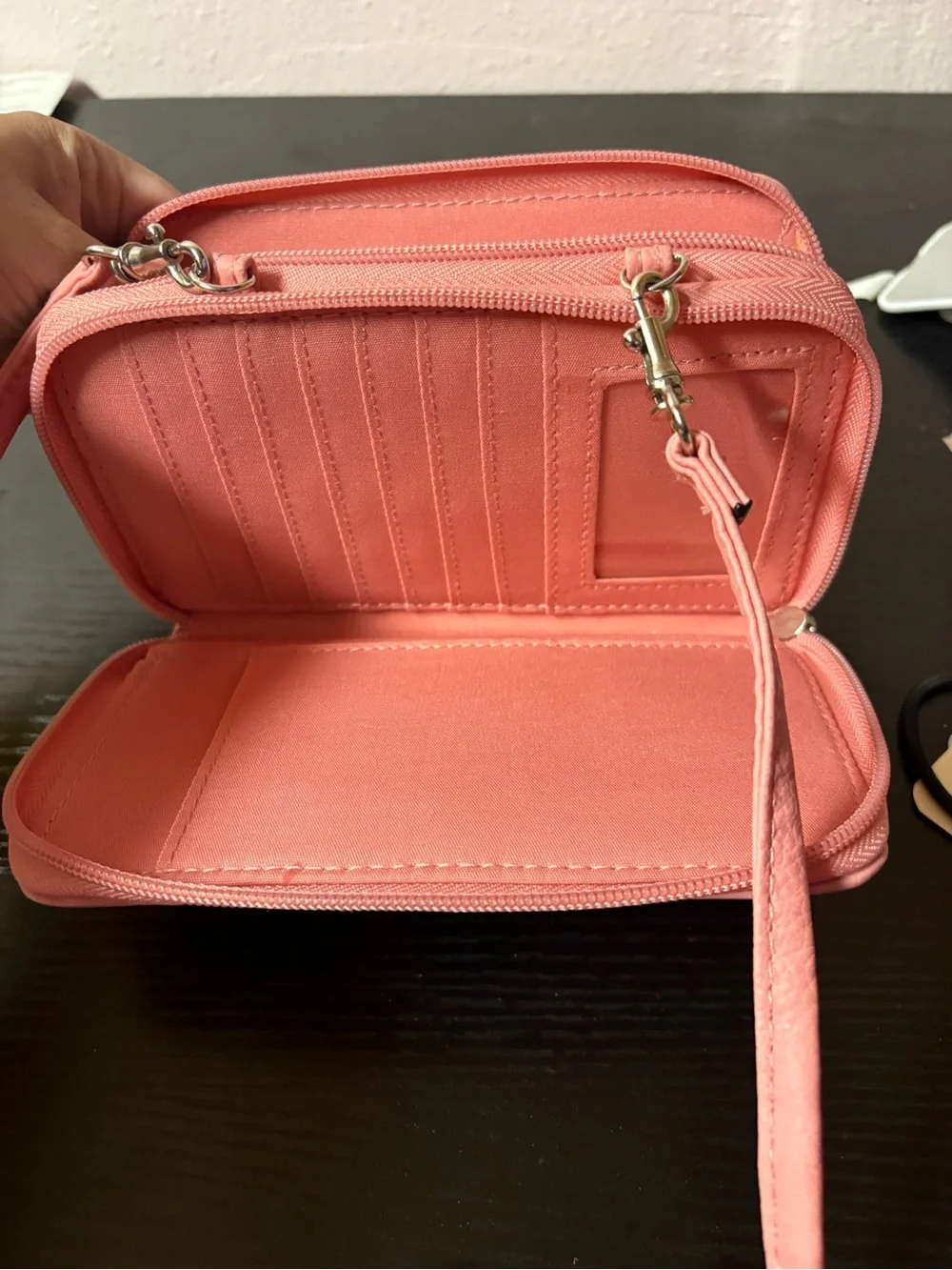 Pink Pebbled Crossbody Wallet Organizer Bag Detachable Strap Silver Hardware